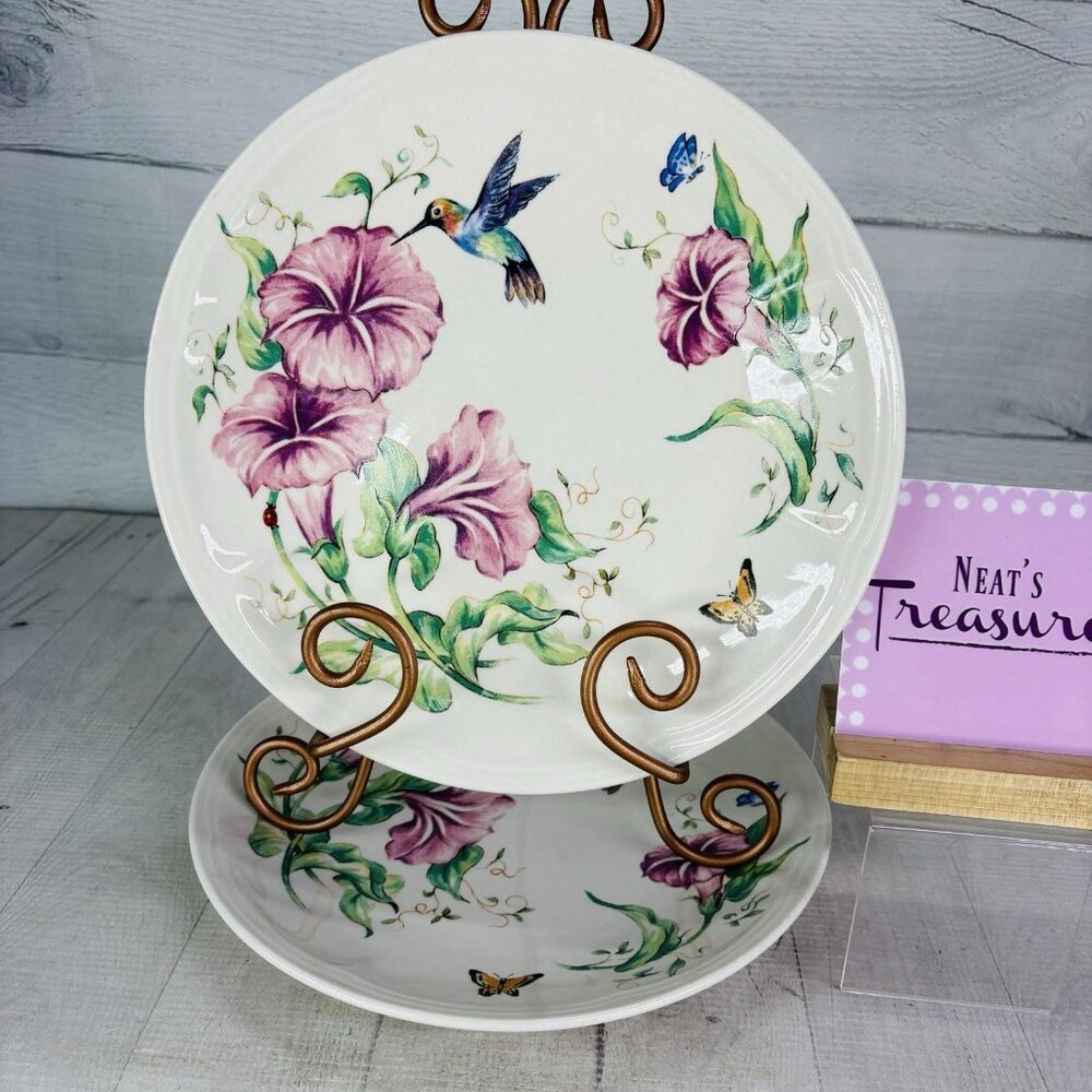 Totally Today Hummingbirds Pink Morning Glory Flower Ceramic Dinner Plate Set 2